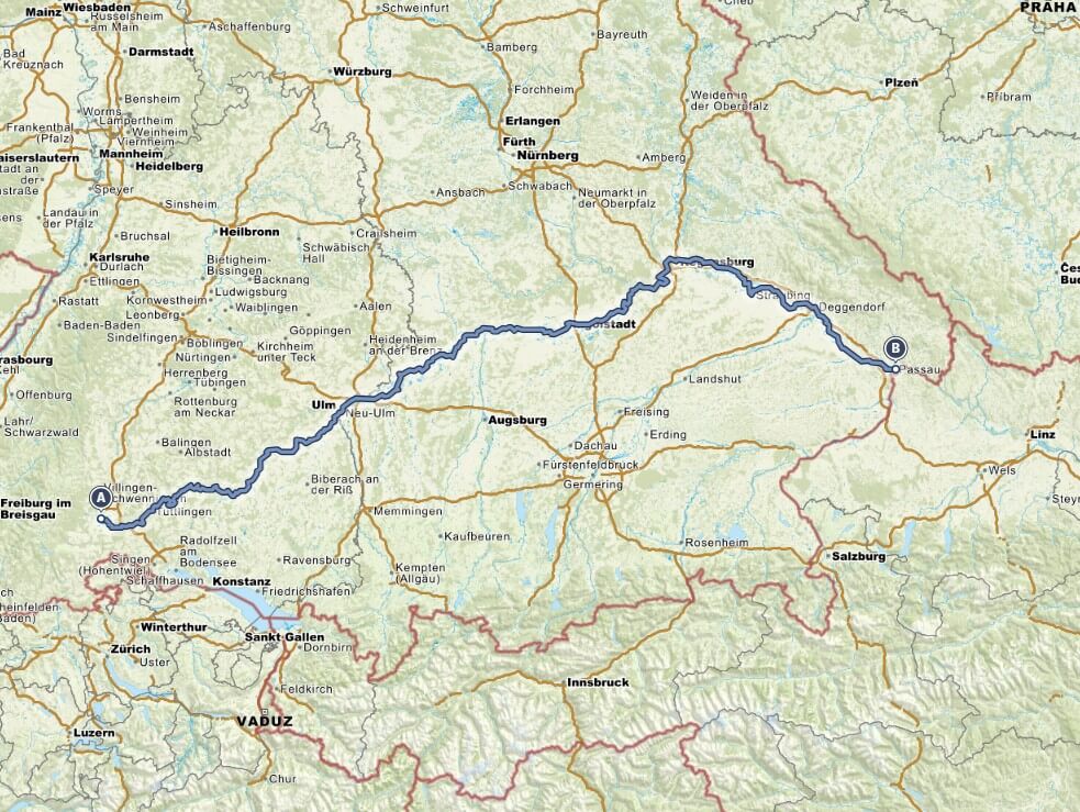 Karte Donaurradweg Deutschland