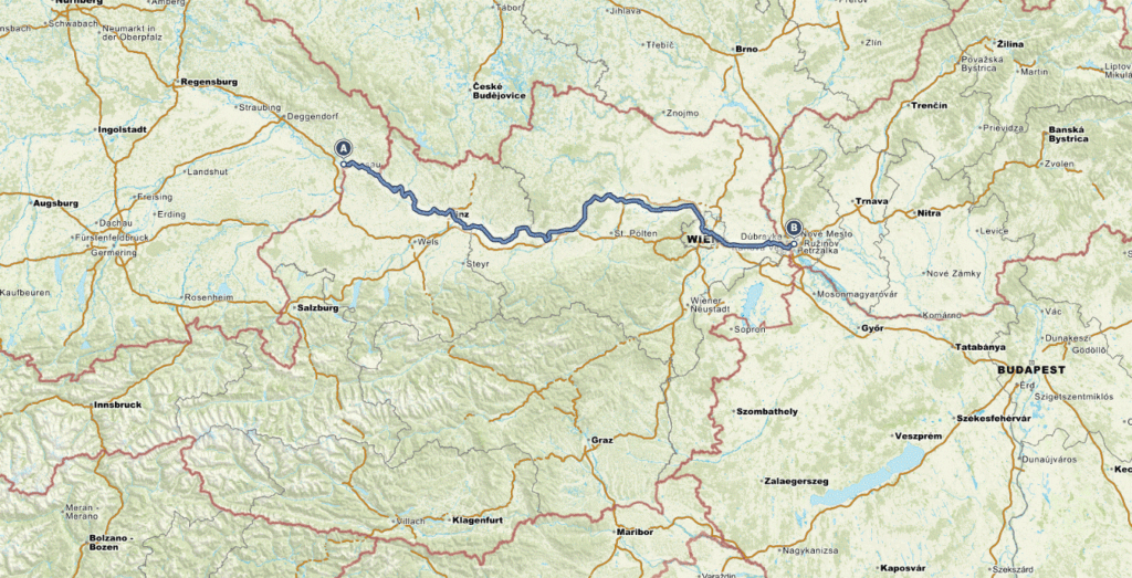 Karte des Donaurradweg Österreich.