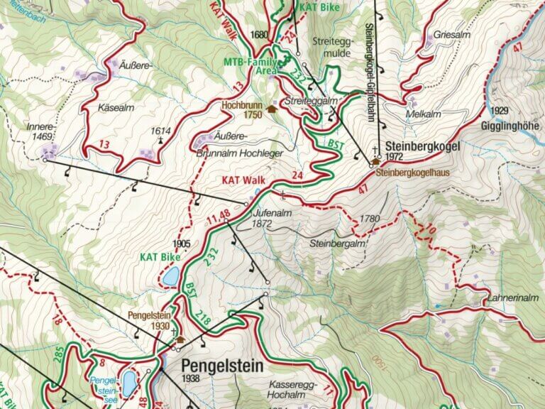 Wichtige Wanderwege in der Wanderkarte mit Bezeichnung.