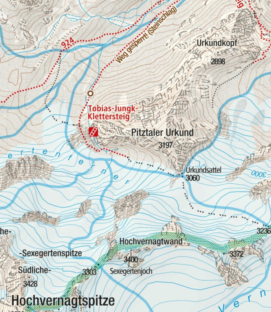 Alpine Gefahren wie Steinschlag, Gletscher und Gletscherspalten auf der Karte erkennen