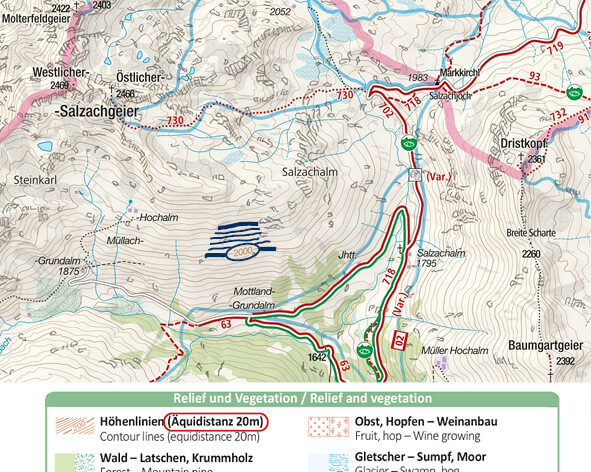 Höhenlinien auf einer Wanderkarte mit der Äquidistanz