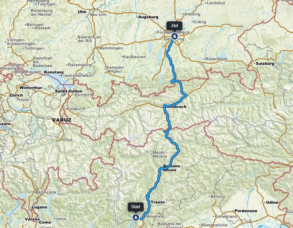 Streckenverlauf der Alpenüberquerung München Brenner Gardasee