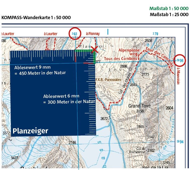 Wanderkarte mit Planzeiger zum Bestimmen der Position mit dem UTM Gitter