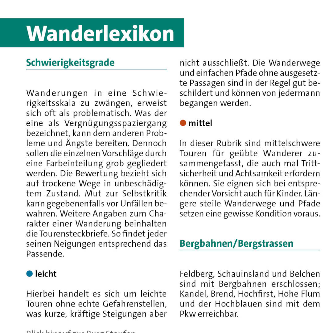 Das Wanderlexikon in den Kompass Wanderführern erklärt die wichtigsten Grundlagen zum Wandern und zum Interpretieren des Führers.