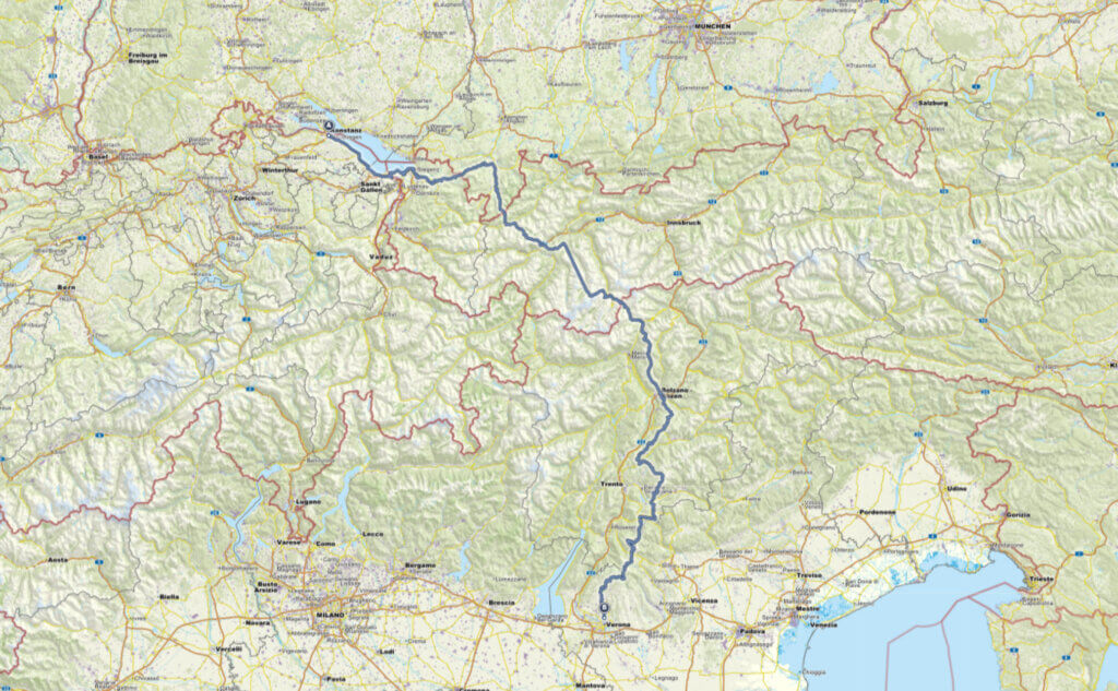 Die Karte des E5 Weitwanderweg vom Bodensee nach Verona
