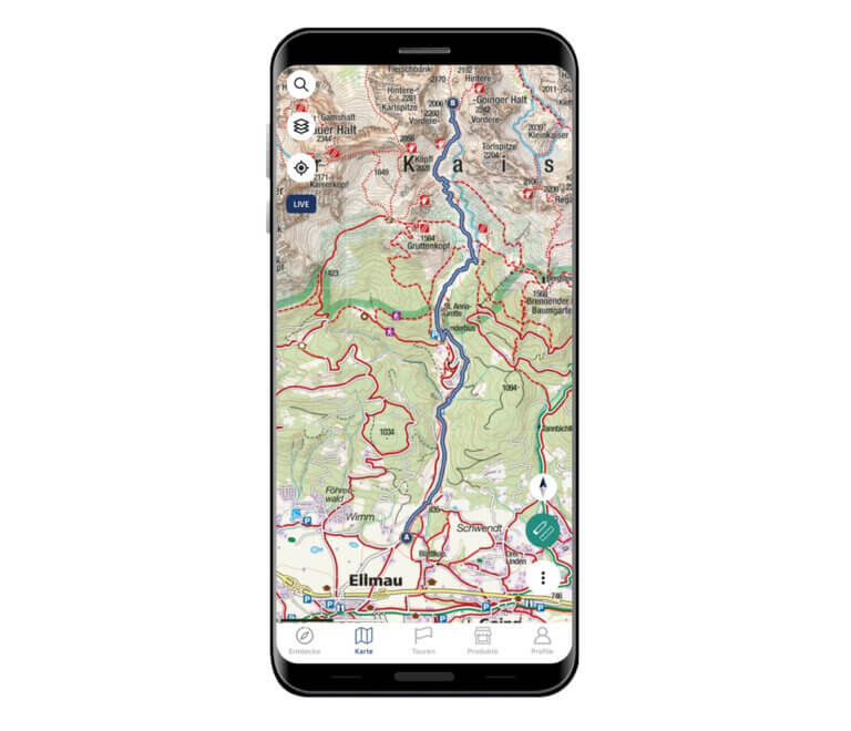 KOMPASS Wanderkarten App mit Kartenanzeige.