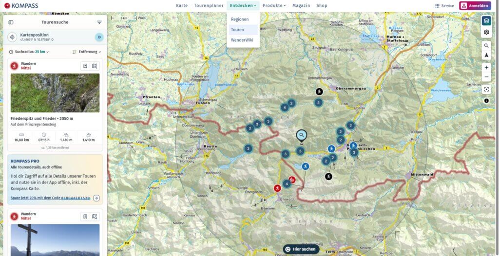 Wandertouren suchen auf der KOMPASS Website und in der App.