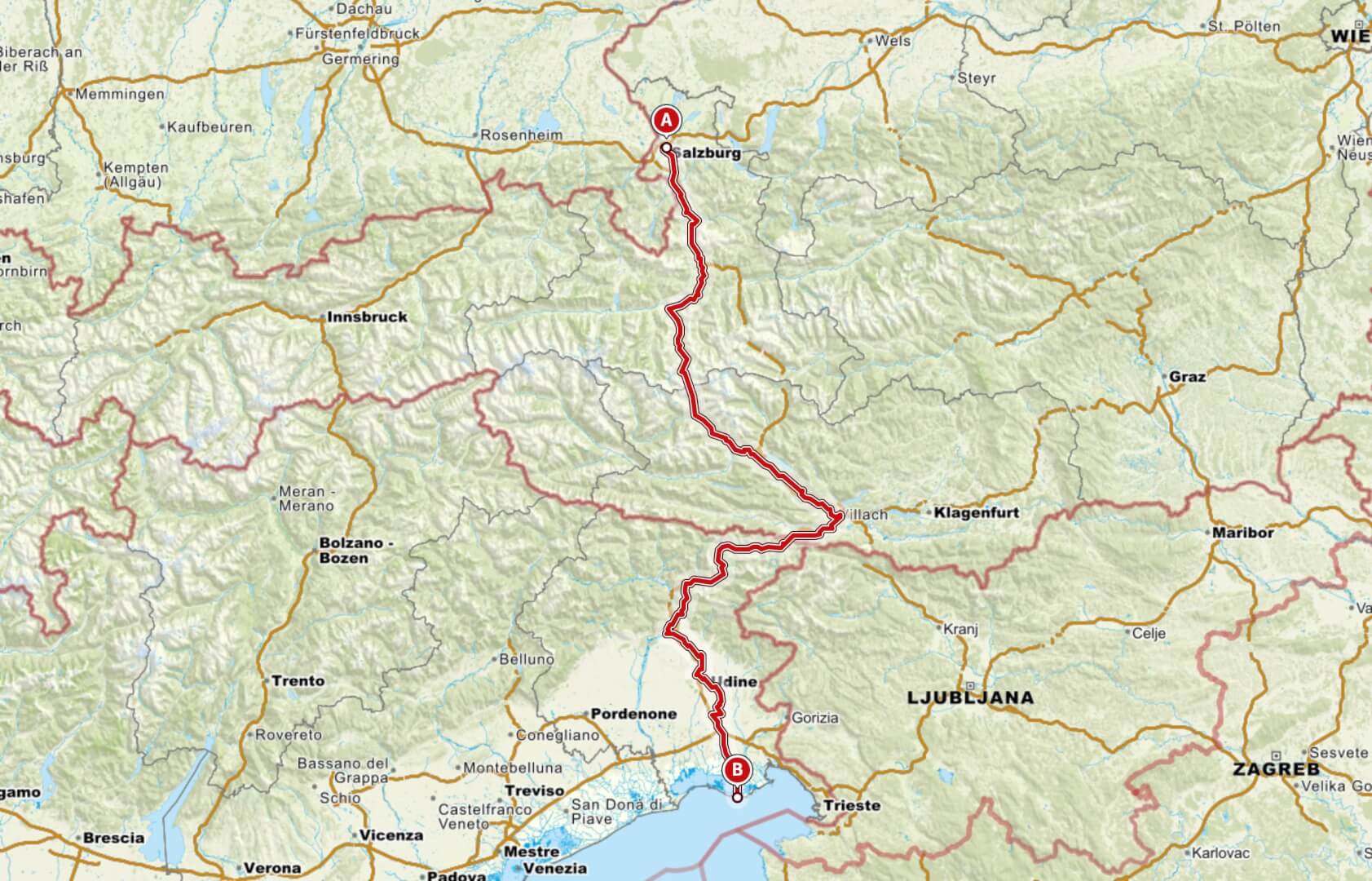 Karte Alpe Adria Radweg. Tour auch als Reise buchbar.