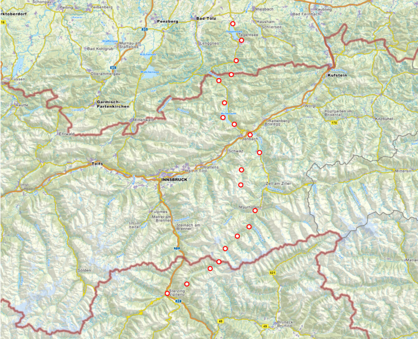 Alpenüberquerung Strecke vom Tegernsee nach Sterzing über das Zillertal